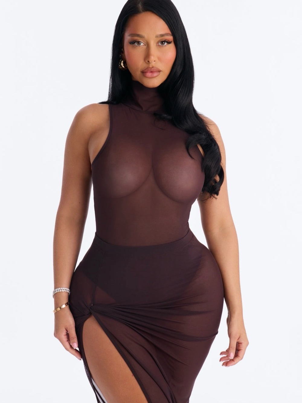 Fashion Nova Sleeveless High-Neck Sheer Bodysuit - Brown - Picture 2 of 7